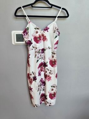 Roiii Floral Bodycon Dress Small S White Pink Rose Slip Cami Cocktail Event Min